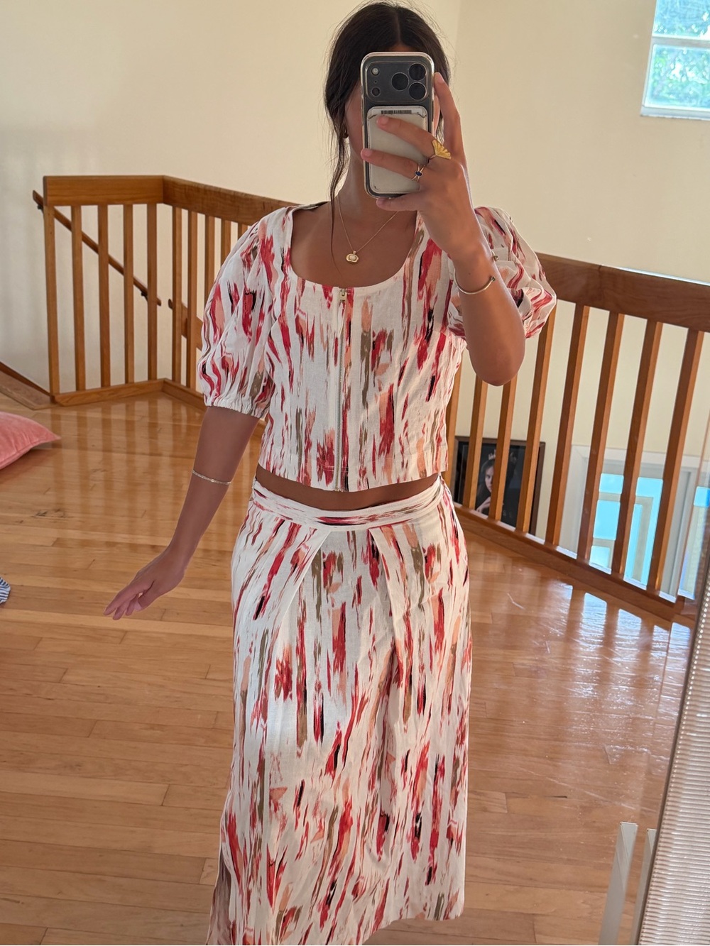 DKNY White & Red Brushstroke Midi Skirt Set